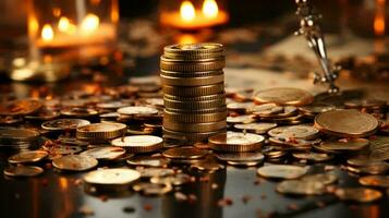 Gold coins and money are scattered on the table. Concept of wealth and saving money photo