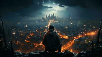 Man in a jacket with a hood in the city at night view from the back, concept of internet crimes cyber crimes and hackers photo