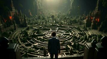 A man stands in a maze and thinks, view from the back. The concept of difficulty in making a decision photo