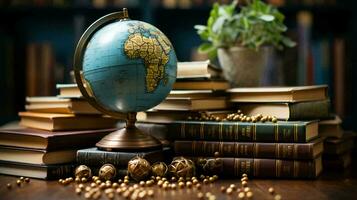 Globe and vintage smart books on the table in the office photo