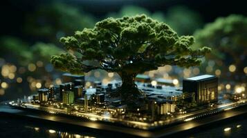 Green natural eco-friendly tree and computer technology on an abstract high-tech futuristic background of microchips and computer circuit boards with transistors photo