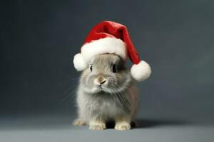 Rabbit in Santa Claus hat, Christmas holiday concept. Generative AI photo