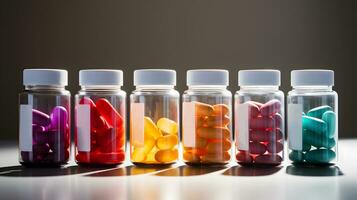 Array of Bottles Filled with Colorful Pills - Generated AI Design photo