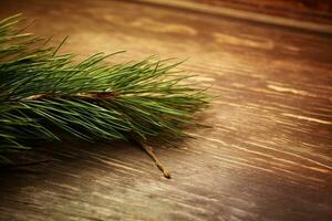 Pine branch on wooden floor, christmas concept, digital illustration. Generative AI photo