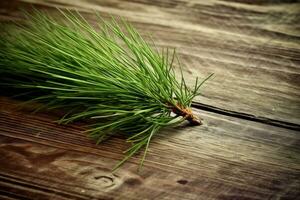 Pine branch on wooden floor, christmas concept, digital illustration. Generative AI photo