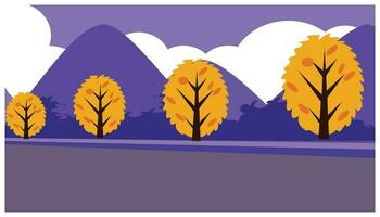 Autumn landscape with trees and mountains. Vector illustration in flat style. Landscape of mountains and clouds in purple tones