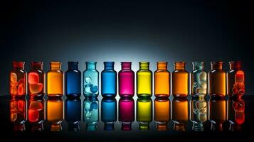 un ingenioso arreglo de multicolor pastillas botellas - generado ai diseño foto