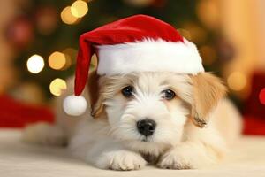 Cute dog with santa claus hat, christmas holiday concept. Generative AI photo