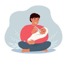 Father feeds baby from a bottle. Dad sits comfortably in the lotus position with the child in his arms. A parent takes care of his son. Happy family. Vector flat graphics.