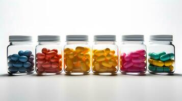 diverso pastillas en claro botellas - generado ai ilustración foto