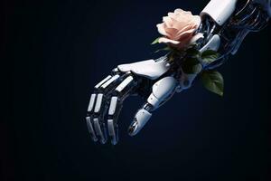 Robotic hand with flower, technology and AI concept. Generative AI photo