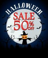 Halloween sale 50 off background with scarecrow pumpkin at a cemetery vector