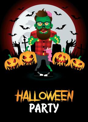 Halloween party banner. Poster with zombie hipster in the cemetery and funny pumpkins