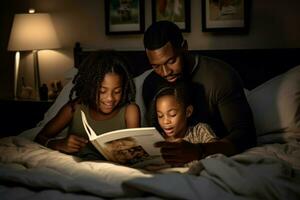 familia leyendo noche. generar ai foto