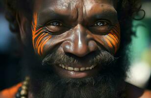 Papuasia isleño guerrero sonriente. generar ai foto