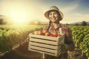Smiling farmer hold box. Generate Ai photo