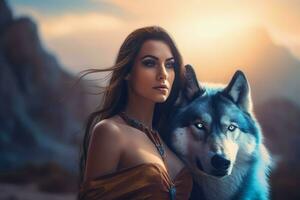 Fantasy woman wolf. Generate Ai photo