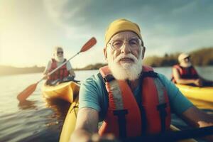 Elderly man kayaking. Generate Ai photo