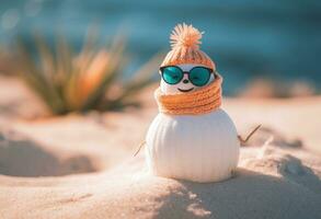 Snowman with hat and scarf, on the beach, christmas concept, bokeh background. Generative AI photo