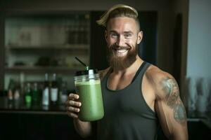 American fitness boy mixing smoothie. Generate Ai photo