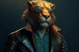 Cyberpunk hipster lion leather jacket. Generate Ai photo