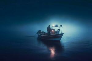 Boat person fog. Generate Ai photo