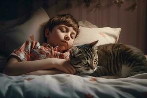 Boy sleeping with cat. Generate Ai photo