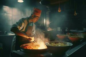 asiático Cocinando cocinero fuego. generar ai foto