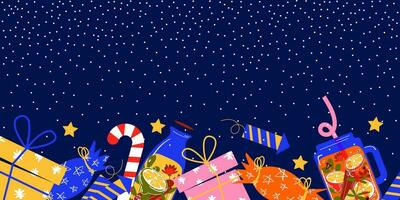 Christmas background with gifts and snow on a blue background. Vector illustration of New Year elements in flat style.