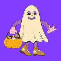 Cute ghost character for Halloween in retro cartoon style. Vector illustration of a ghost mascot in Groovvy style.