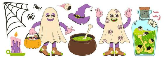 Set of elements for Halloween in retro cartoon style. Vector illustration of a ghost character brewing a potion in a vat, a burning candle, a witch's hat and other elements.
