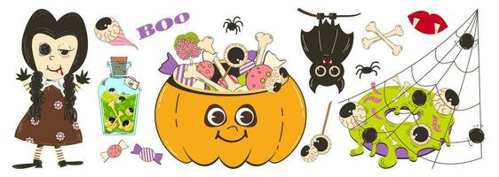 Set of elements for Halloween in retro cartoon style. Vector illustration of doll characters, pumpkins with sweets, bat and other elements.