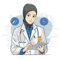 hembra médico en un hijab participación un digital tableta utilizando un digital médico futurista interfaz. vector ilustración Pro descargar