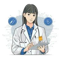 Female doctor holding digital tablet using digital medical futuristic interface. Vector illustration pro download