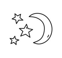 creciente Luna y estrellas aislado en blanco antecedentes. vector dibujado a mano ilustración en garabatear estilo. Perfecto para tarjetas, decoraciones, logo, varios diseños