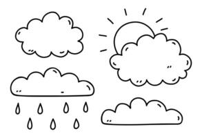 Set of weather elements - sun, clouds, rain. Vector hand-drawn illustration in doodle style. Perfect for cards, decorations, logo, various designs.