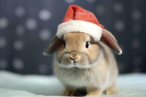 Rabbit in Santa Claus hat, Christmas holiday concept. Generative AI photo