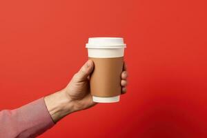 Hand holding coffee cup, red background. Generative AI photo