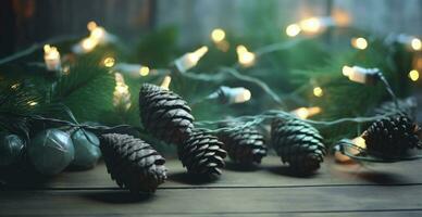 Christmas background with pine cones and pine branches, bokeh background. Generative AI photo