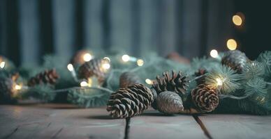 Christmas background with pine cones and pine branches, bokeh background. Generative AI photo