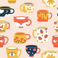 Vector seamless pattern of different cups of tea or coffee. Trendy background with ceramic mugs with various ornaments. Pattern with modern drink cups.