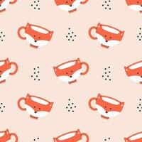 Vector seamless pattern of cute animal cups. Trendy print with funny fox mugs and dots. Background with modern drink cups.