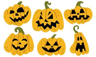 un conjunto de de miedo calabazas para Víspera de Todos los Santos. plano estilo vector amarillo Siniestro calabazas con negro tallado caras en un blanco antecedentes. un brillante aislado ilustración de calabazas con emociones pegatina