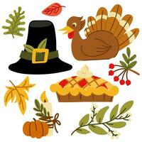 A set of items for Thanksgiving. Vector set of autumn elements with turkey, flat illustration of pilgrim's hat, pie, candles, berries. Happy Thanksgiving. Harvest festival. Design of autumn stickers
