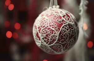 Red ball hanging from a Christmas tree, Christmas decoration, golden details. Generative AI photo