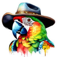 watercolor parrot with a colorful cowboy hat. AI-Generated. png