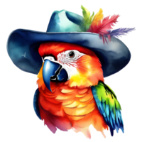 watercolor parrot with a colorful cowboy hat. AI-Generated. png