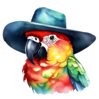 watercolor parrot with a colorful cowboy hat. AI-Generated. png