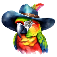 watercolor parrot with a colorful cowboy hat. AI-Generated. png