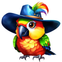 watercolor parrot with a colorful cowboy hat. AI-Generated. png